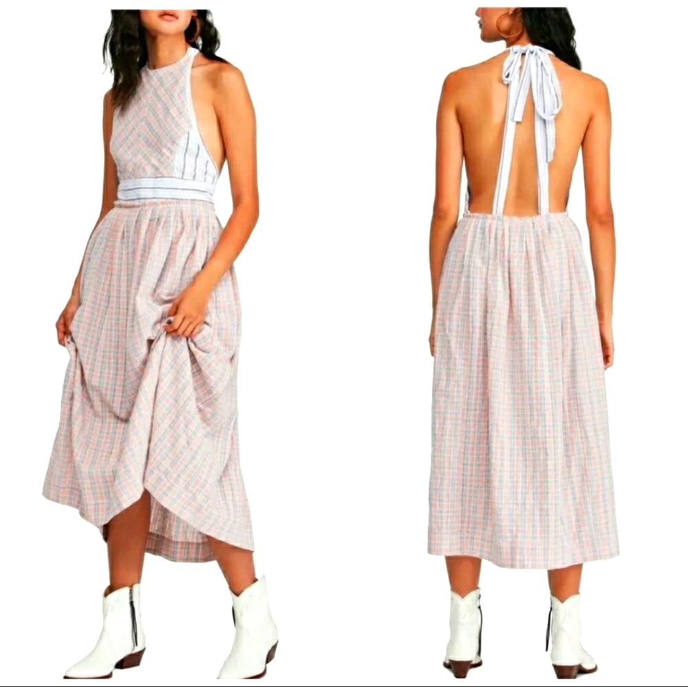 Free People Theory maxi midi pink blue sundress sleeveless open back XL